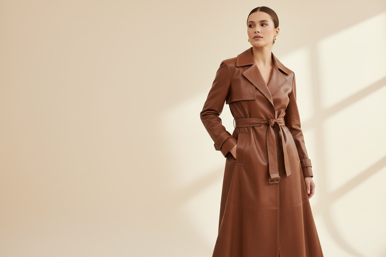 Womens Leather Trench Coat - Kamercio