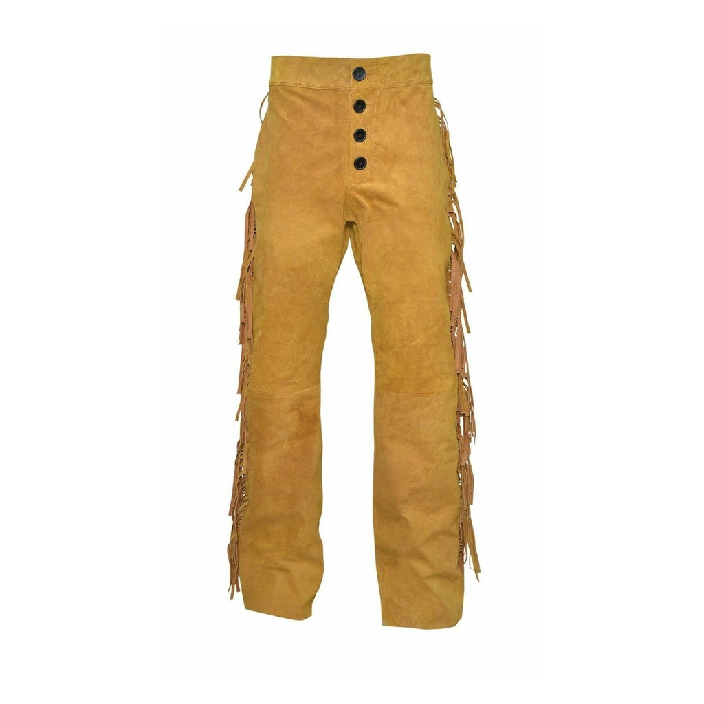 Men Beige Premium Original Suede Leather Fringe Pant