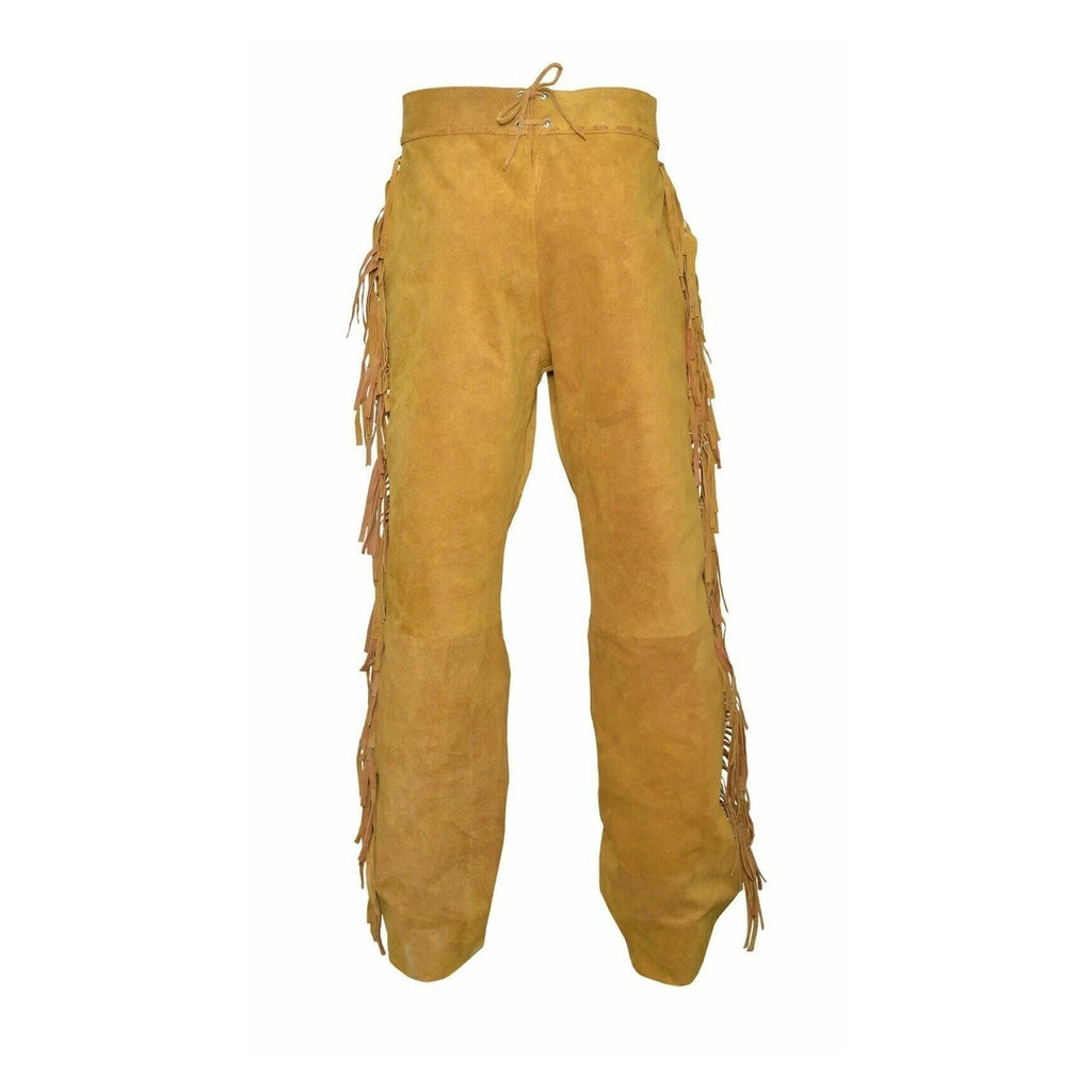 Men Beige Premium Original Suede Leather Fringe Pant