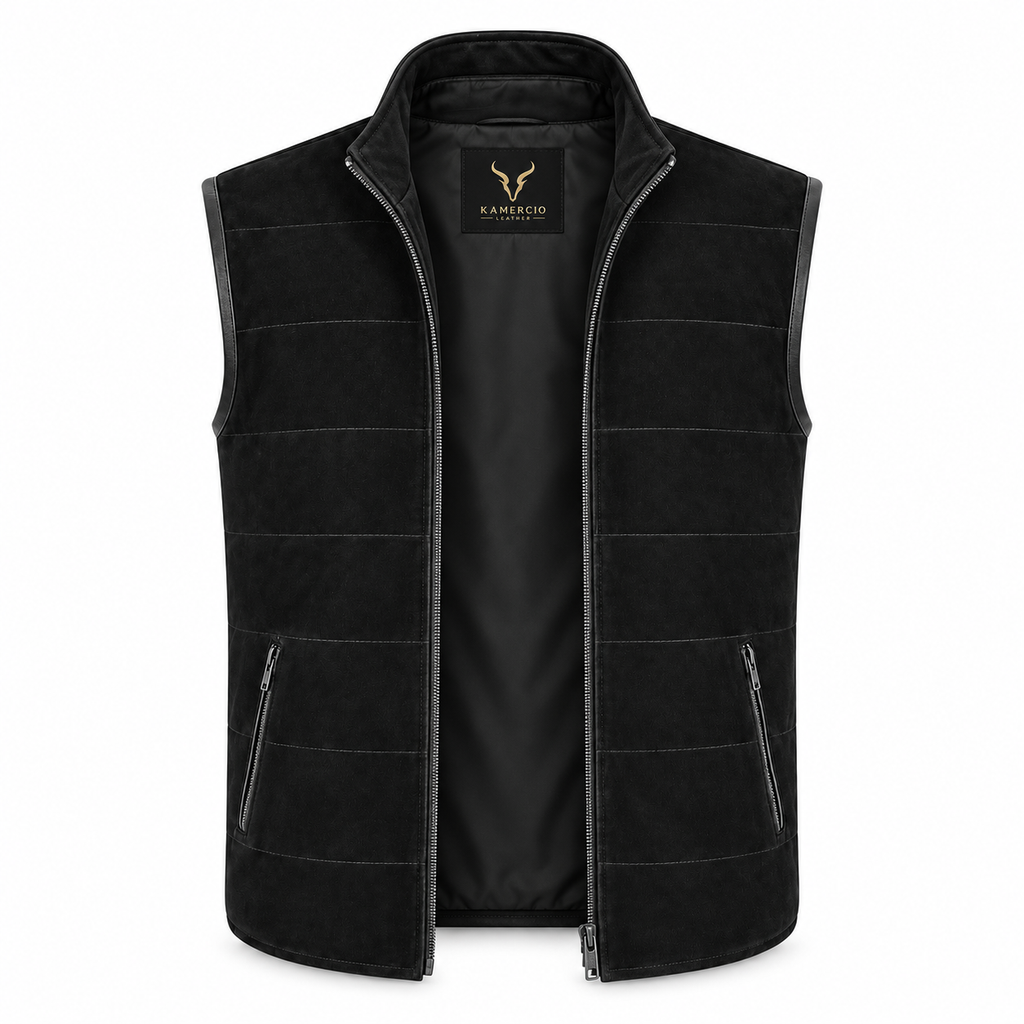 Men Black Premium Original Suede Leather Vest Coat