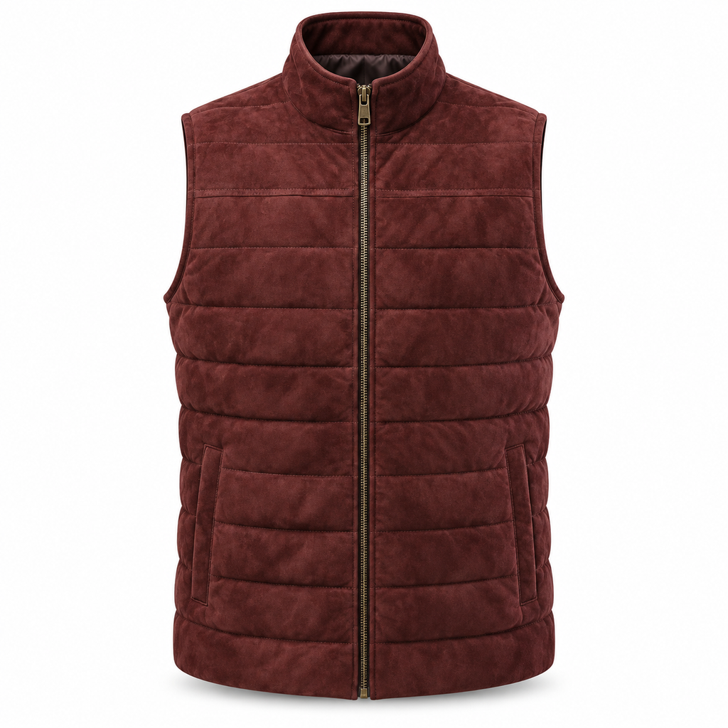 Men's Burgundy Quilted Premium Suede Leather Original Vest Coat