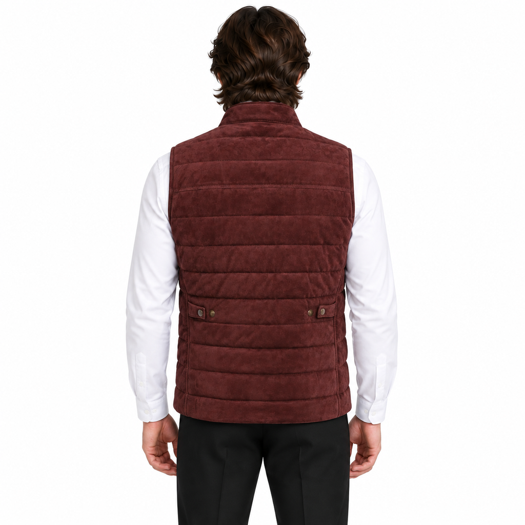 Men's Burgundy Quilted Premium Suede Leather Original Vest Coat