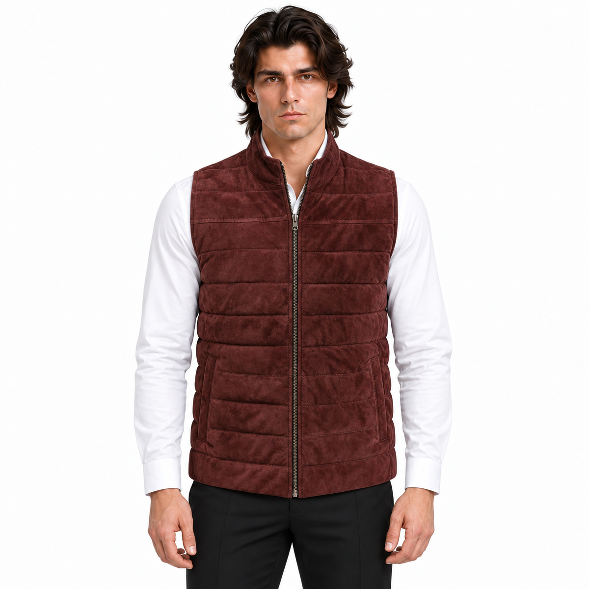 Men's Burgundy Quilted Premium Suede Leather Original Vest Coat