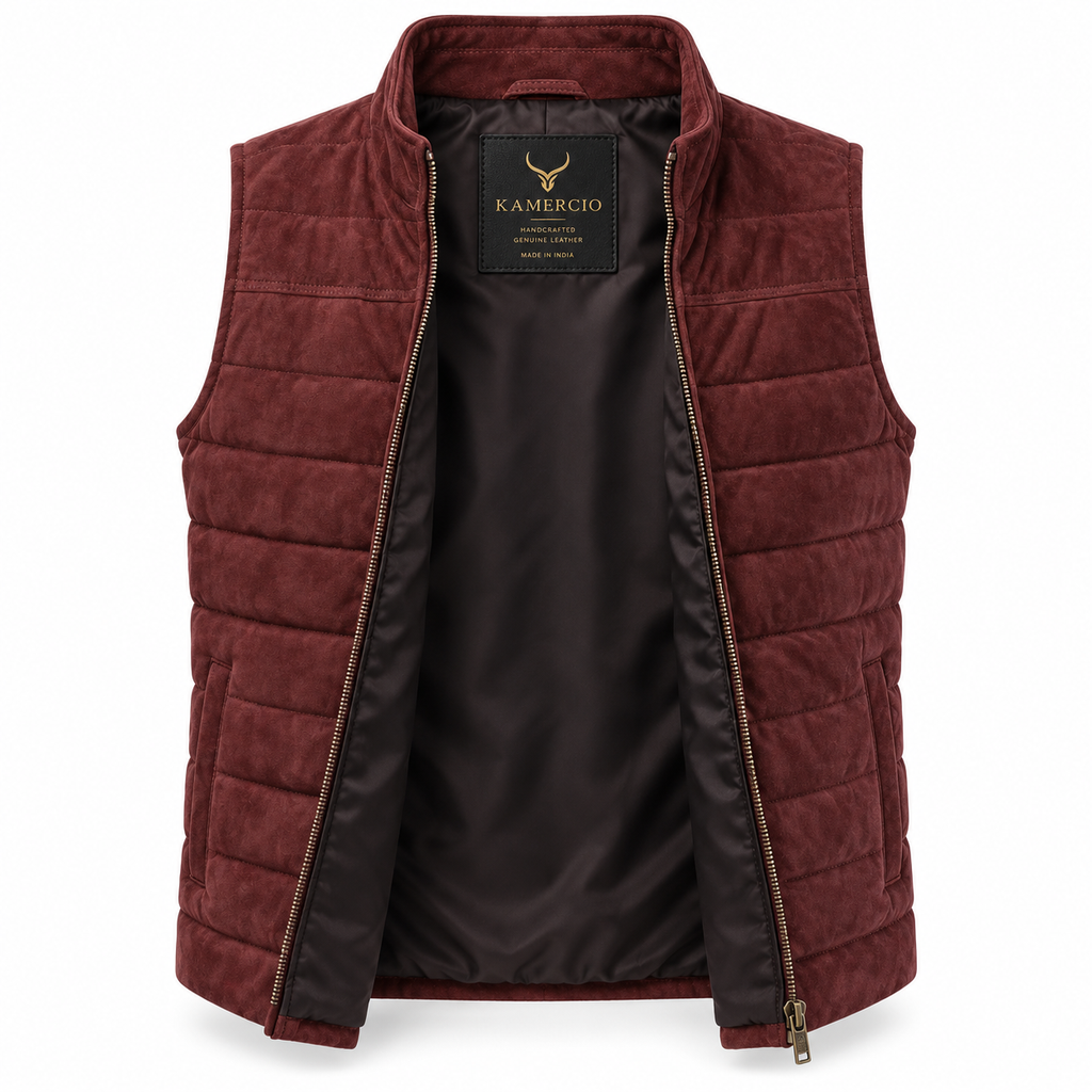 Men's Burgundy Quilted Premium Suede Leather Original Vest Coat