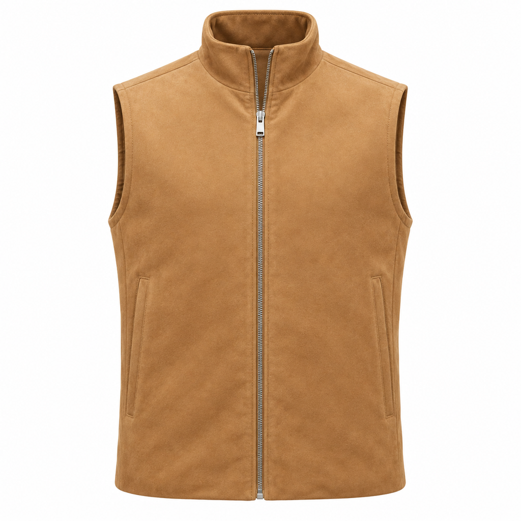 Men's Premium Beige Original Suede Leather Vest Coat
