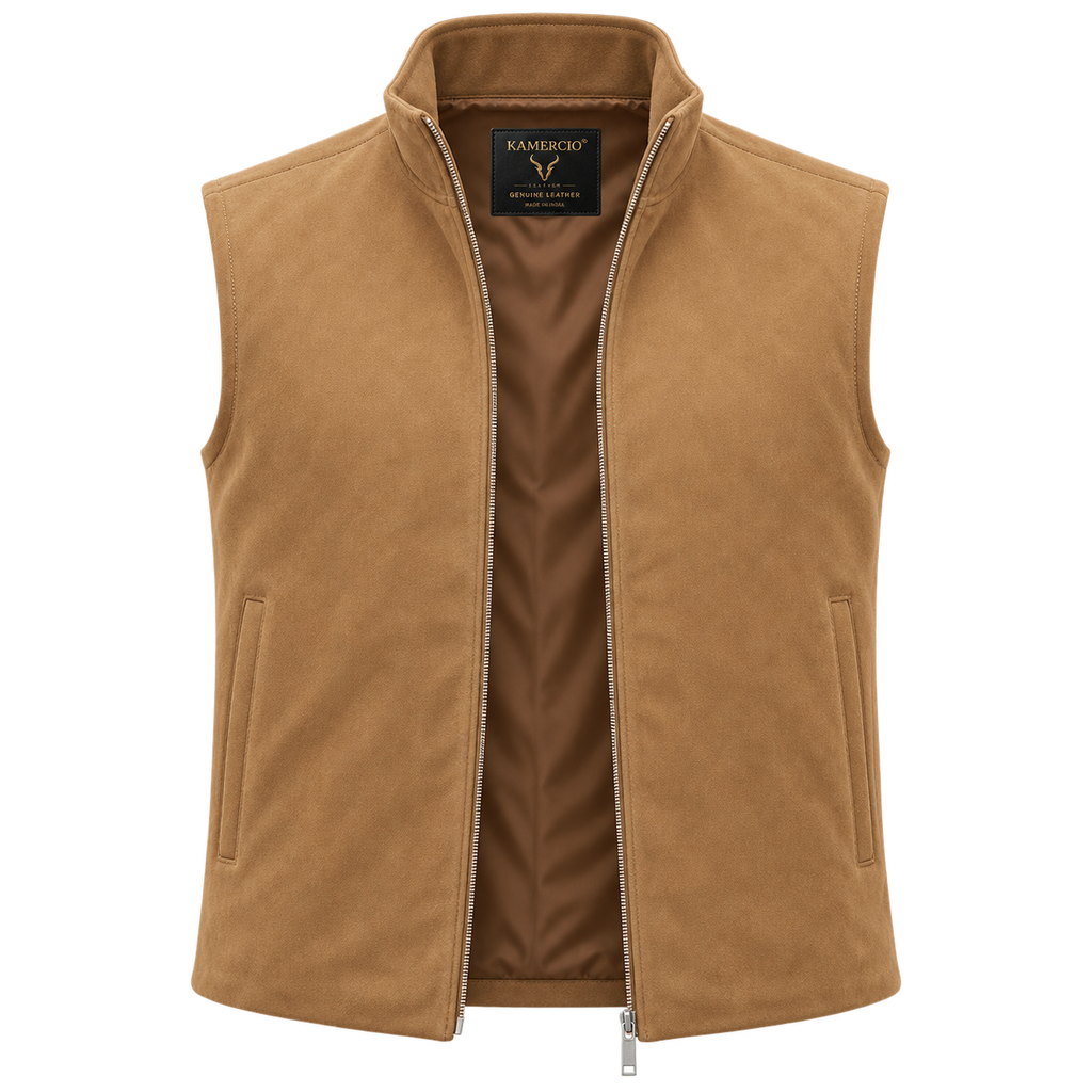 Men's Premium Beige Original Suede Leather Vest Coat