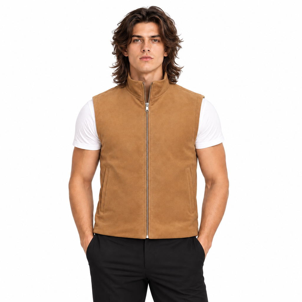 Men's Premium Beige Original Suede Leather Vest Coat