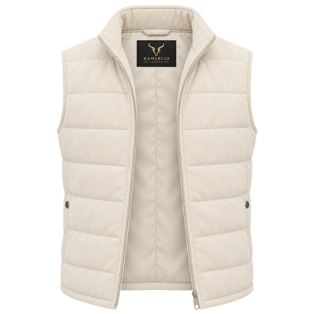 Men's Premium Beige Original Suede Leather Puffer Vest Coat