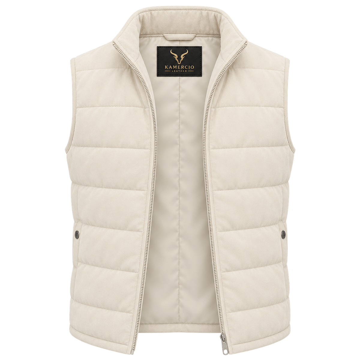 Men's Premium Beige Original Suede Leather Puffer Vest Coat