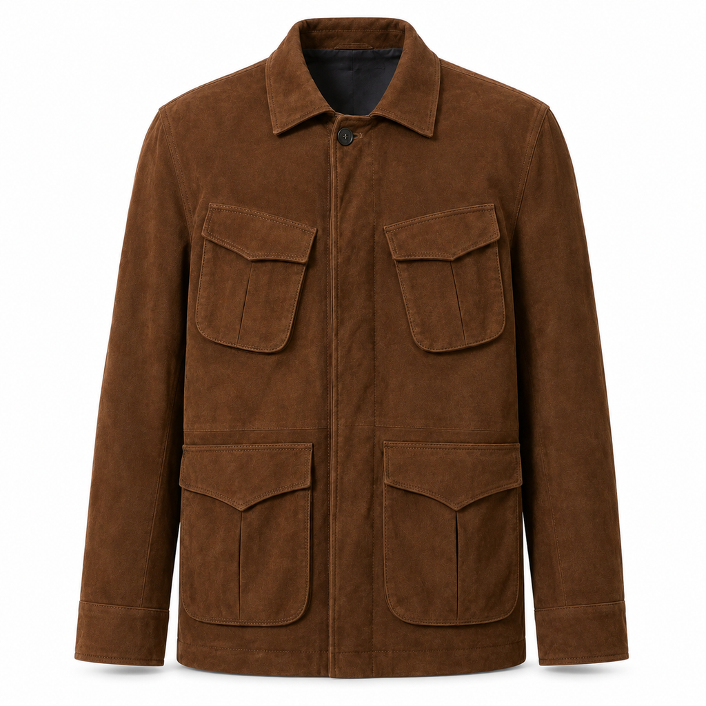 Men's brown suede safari field jacket with four cargo pockets and point collar