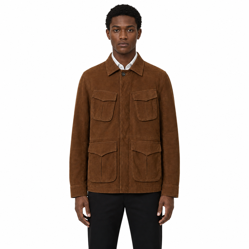 Men's Premium Brown Suede Leather Shirt — 4-Pocket Utility Style