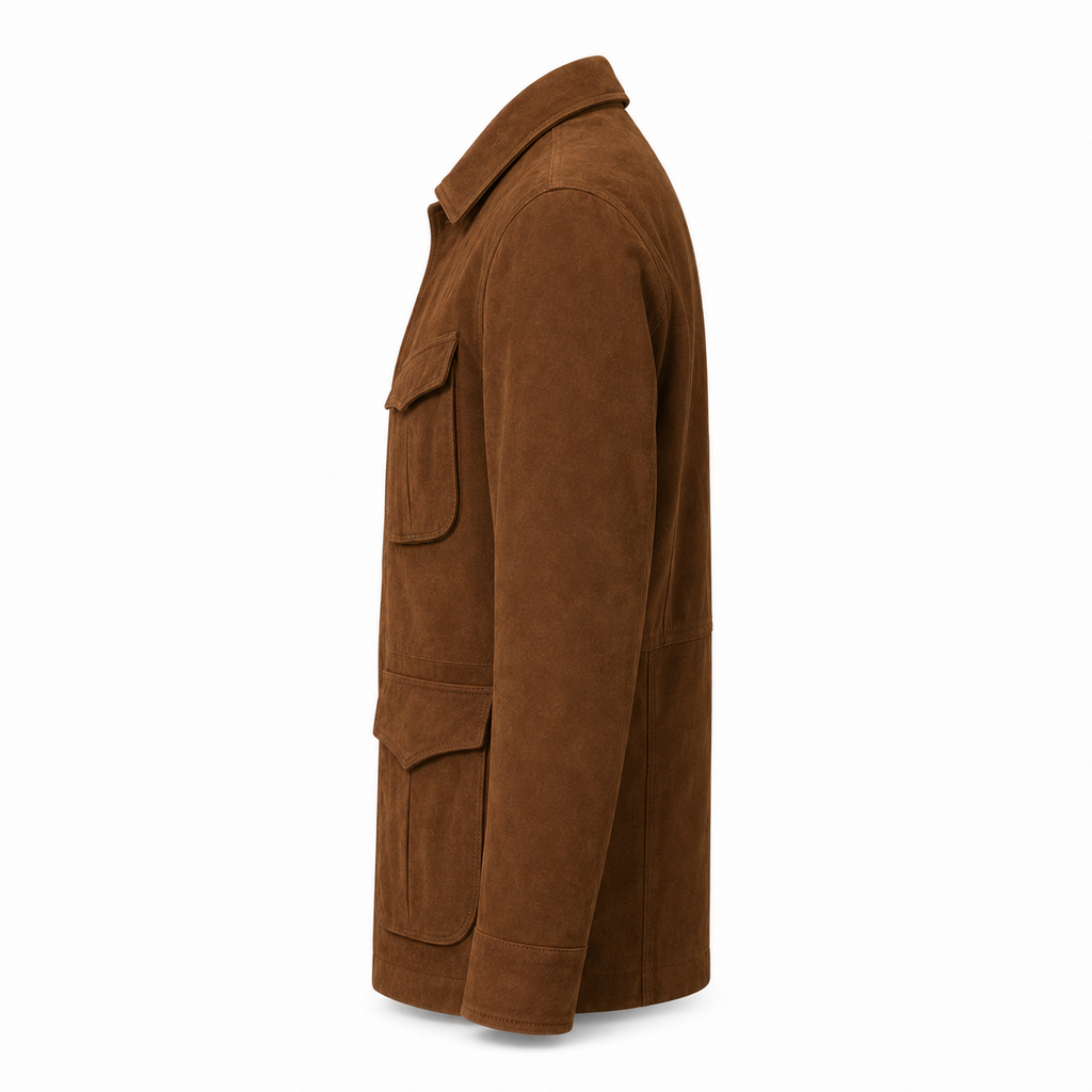 Men's Premium Brown Suede Leather Shirt — 4-Pocket Utility Style