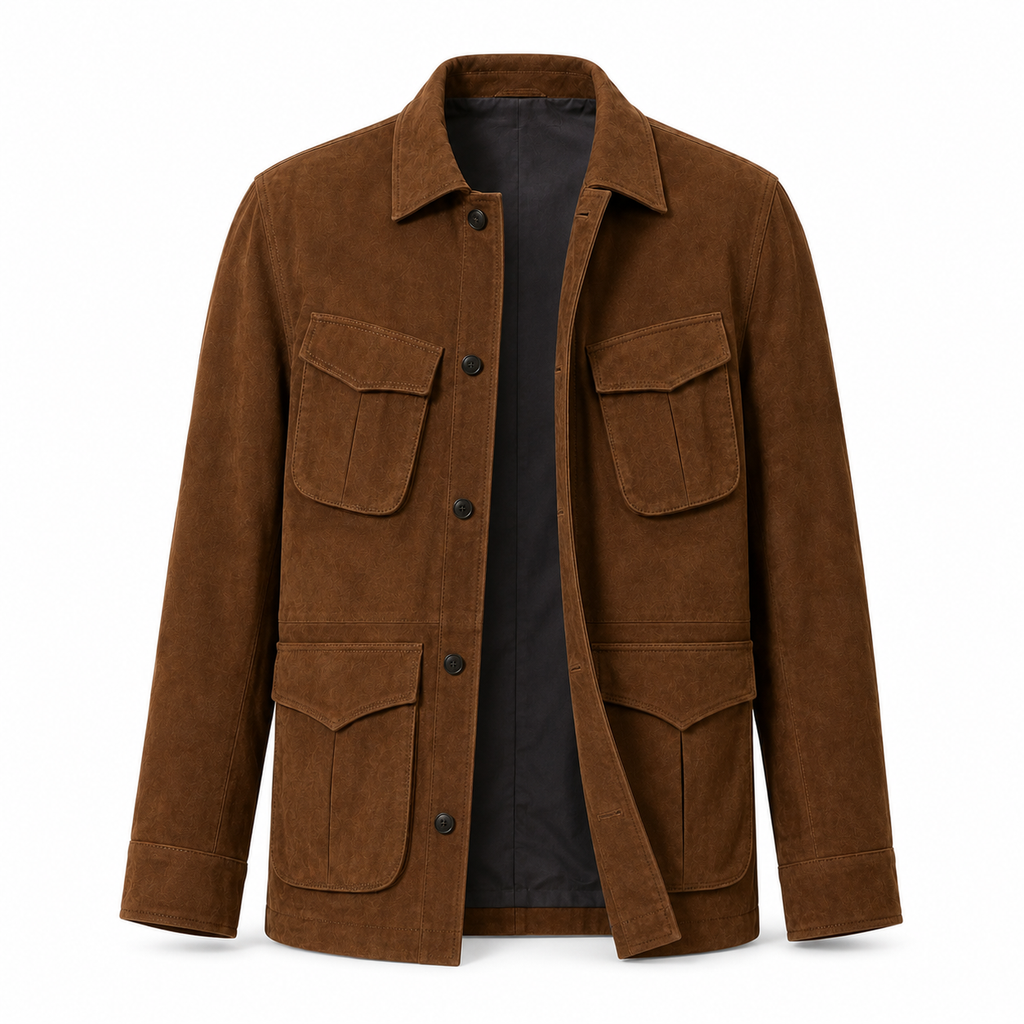 Men's Premium Brown Suede Leather Shirt — 4-Pocket Utility Style