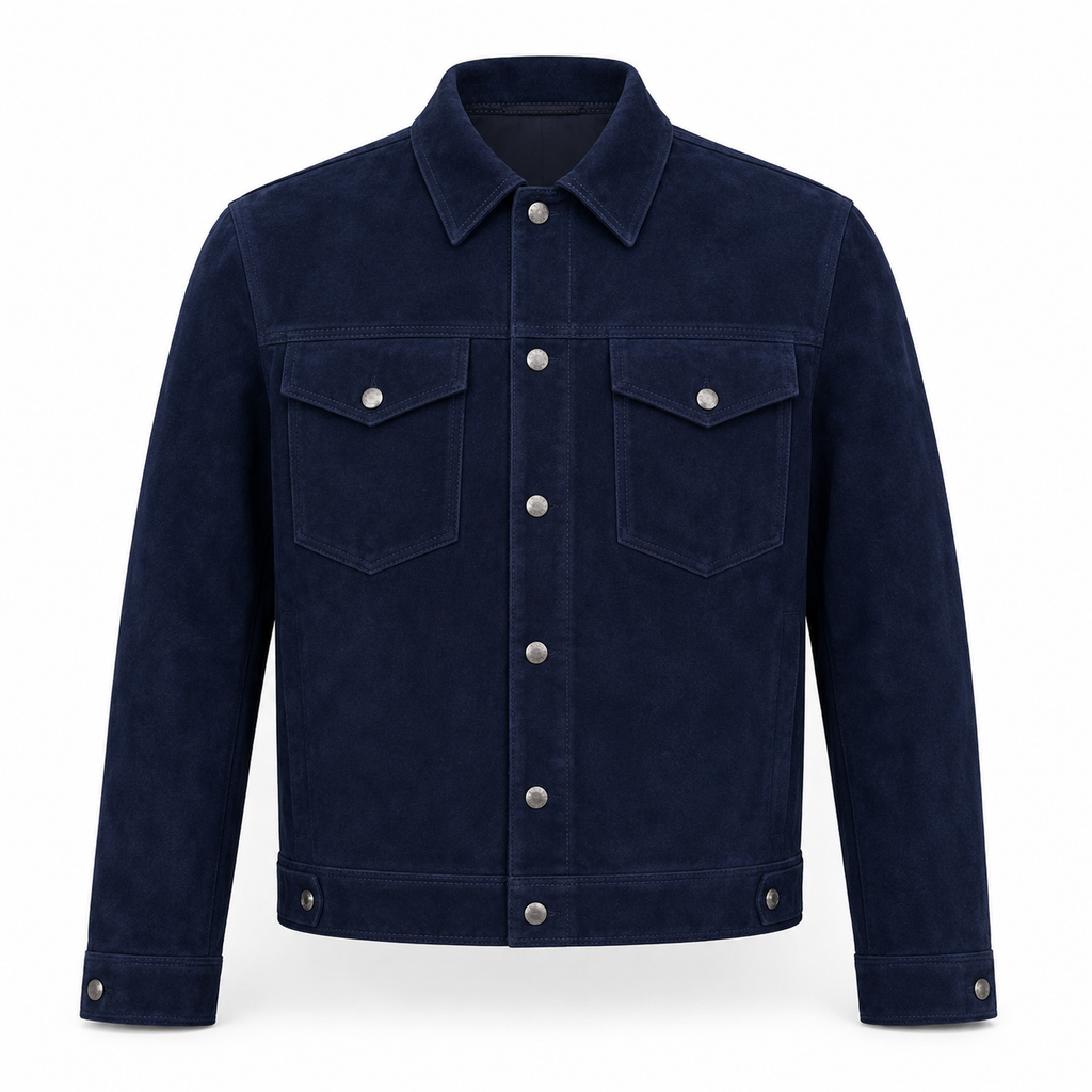 Men's navy blue suede trucker jacket with snap button front and dual chest pockets
