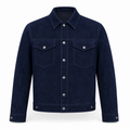 Men's navy blue suede trucker jacket with snap button front and dual chest pockets