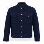 Men's navy blue suede trucker jacket with snap button front and dual chest pockets