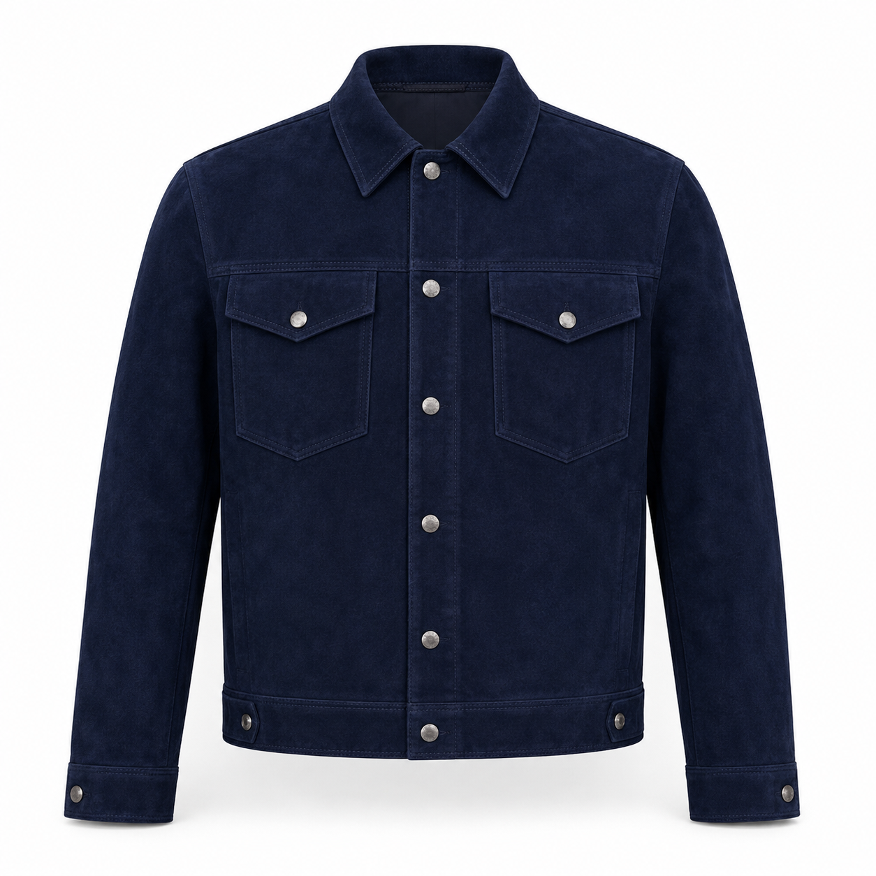 Men's navy blue suede trucker jacket with snap button front and dual chest pockets