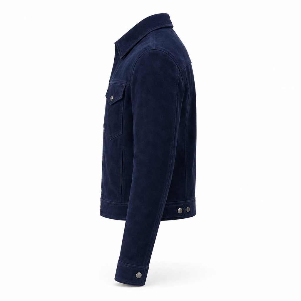 Men's Navy Blue Suede Leather Shirt  — Classic Western Style