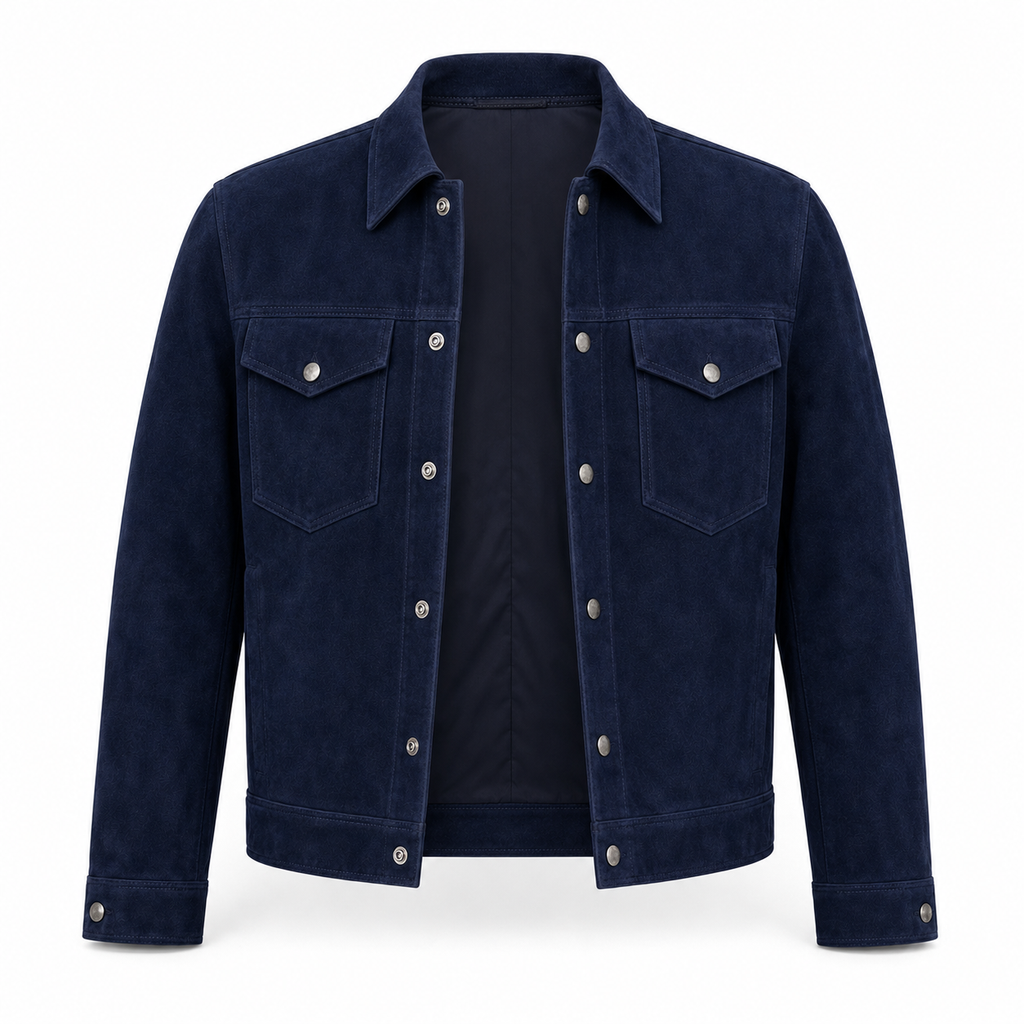 Men's Navy Blue Suede Leather Shirt  — Classic Western Style