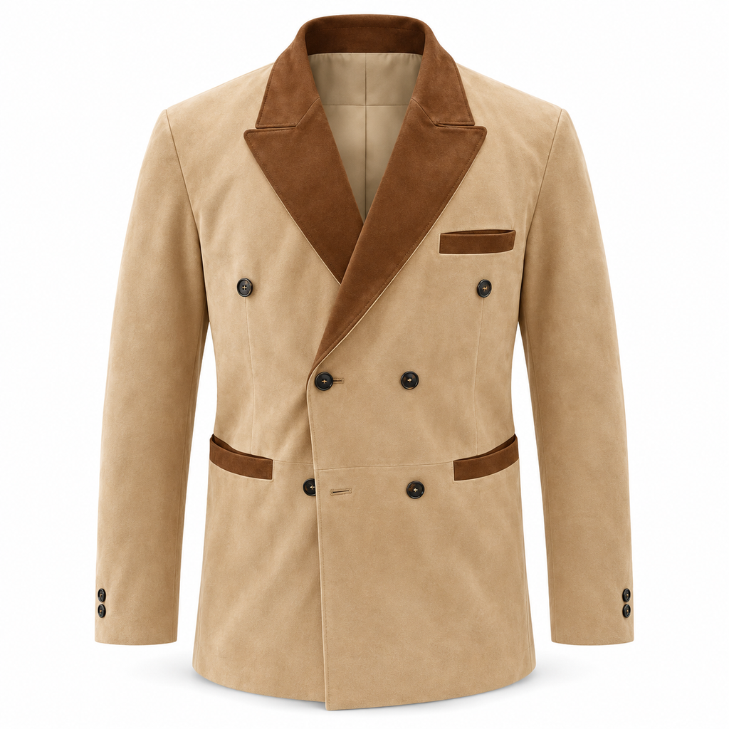 Men Beige Premium Original Suede Leather Double-Breasted Blazer