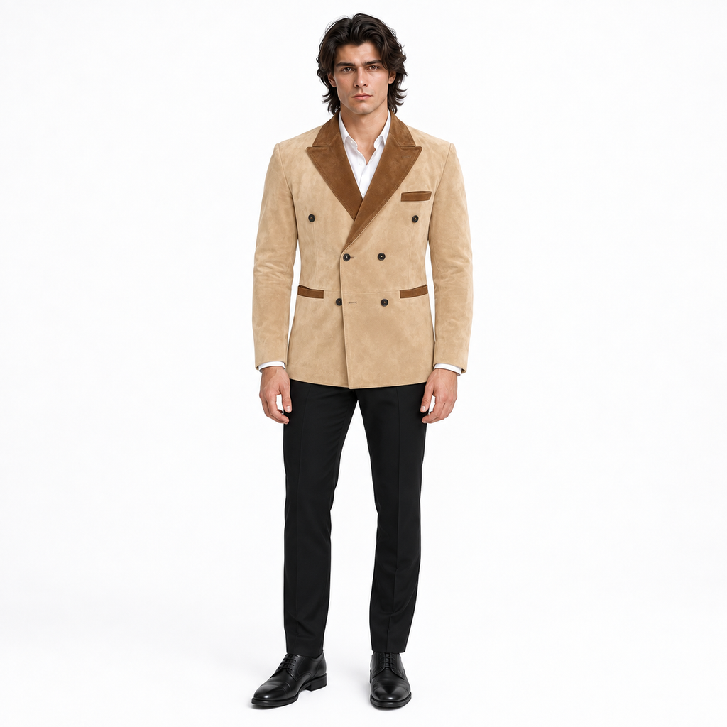 Men Beige Premium Original Suede Leather Double-Breasted Blazer