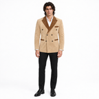 Men Beige Premium Original Suede Leather Double-Breasted Blazer