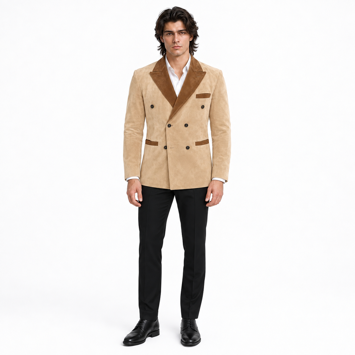 Men Beige Premium Original Suede Leather Double-Breasted Blazer