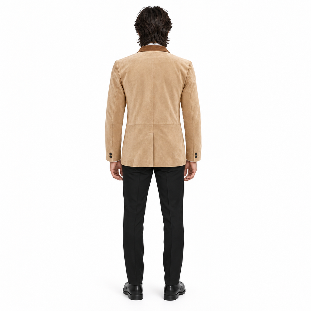 Men Beige Premium Original Suede Leather Double-Breasted Blazer