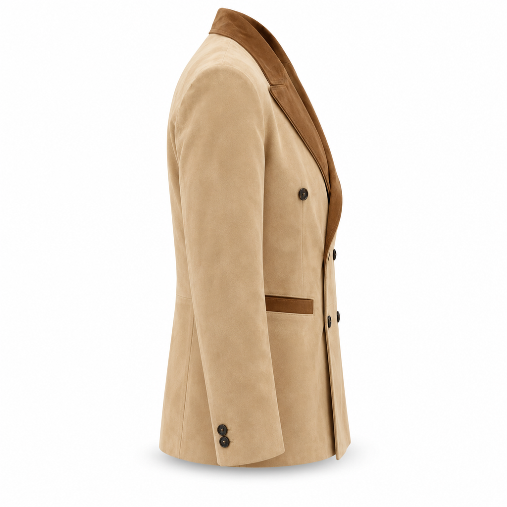 Men Beige Premium Original Suede Leather Double-Breasted Blazer