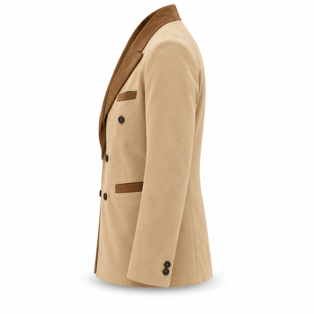 Men Beige Premium Original Suede Leather Double-Breasted Blazer