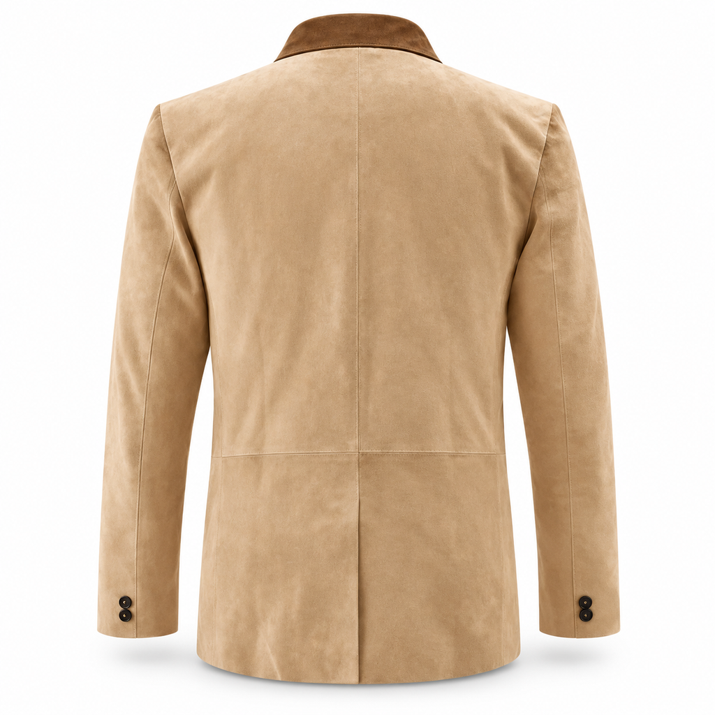 Men Beige Premium Original Suede Leather Double-Breasted Blazer