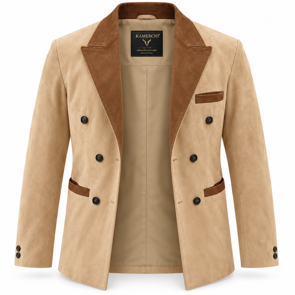 Men Beige Premium Original Suede Leather Double-Breasted Blazer