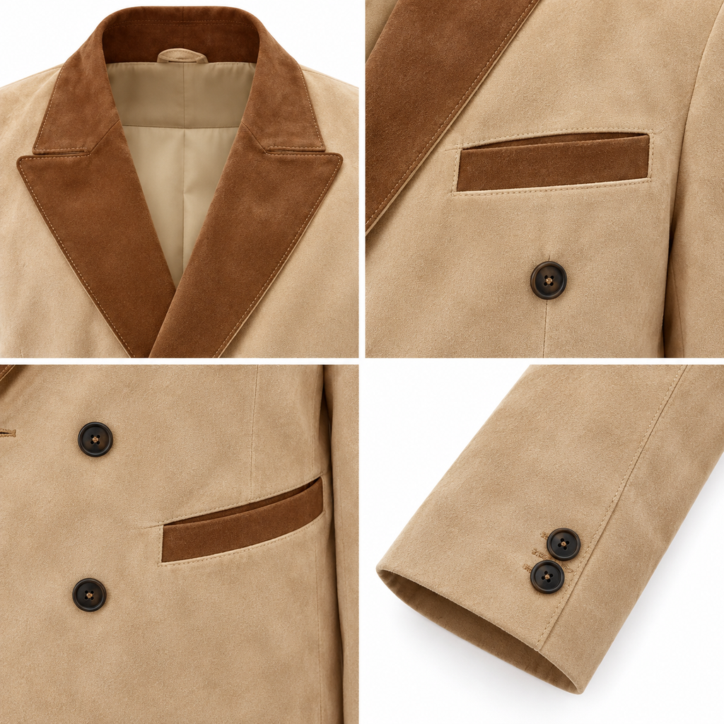 Men Beige Premium Original Suede Leather Double-Breasted Blazer