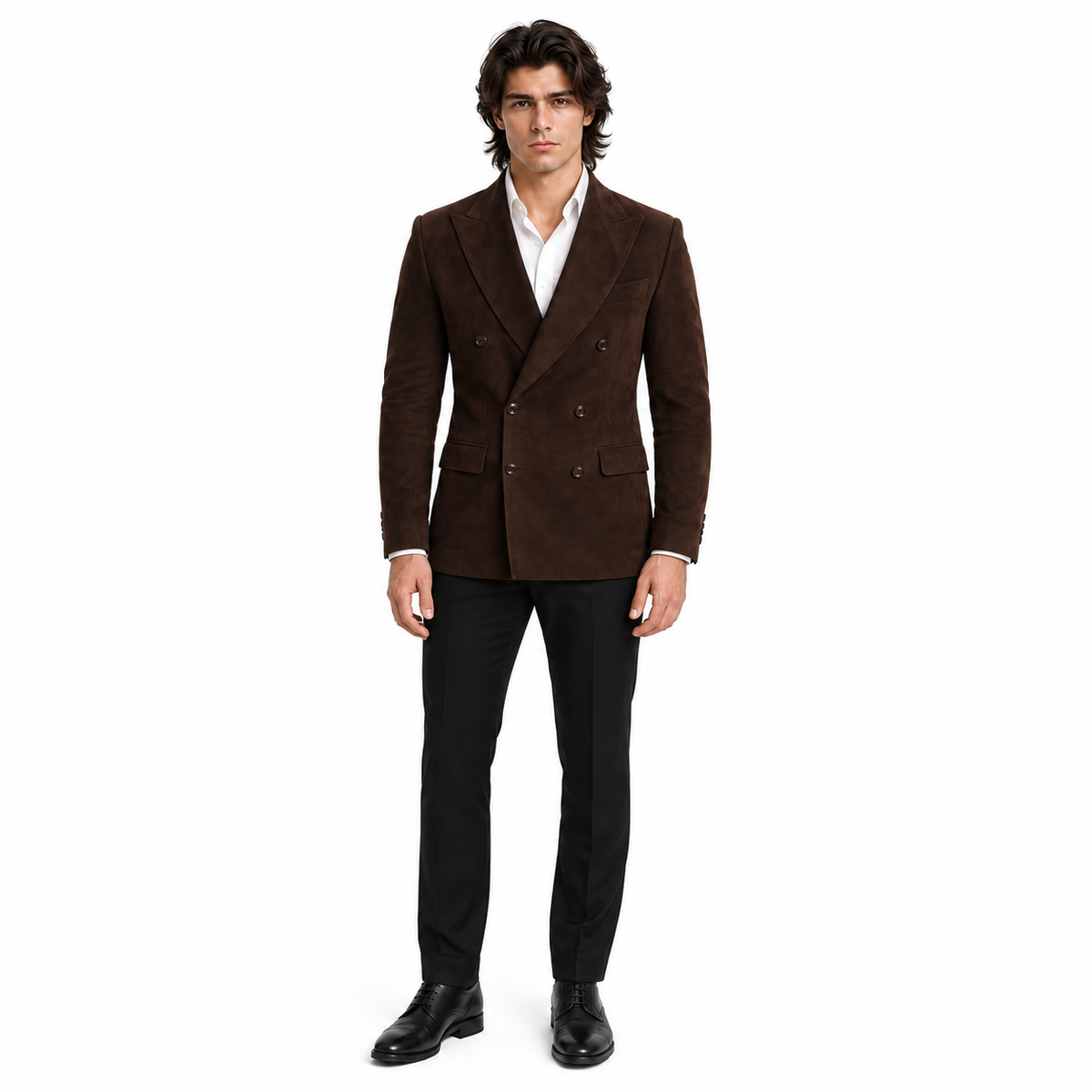 Men Premium Dark Brown Double-Breasted Suede Leather Blazer