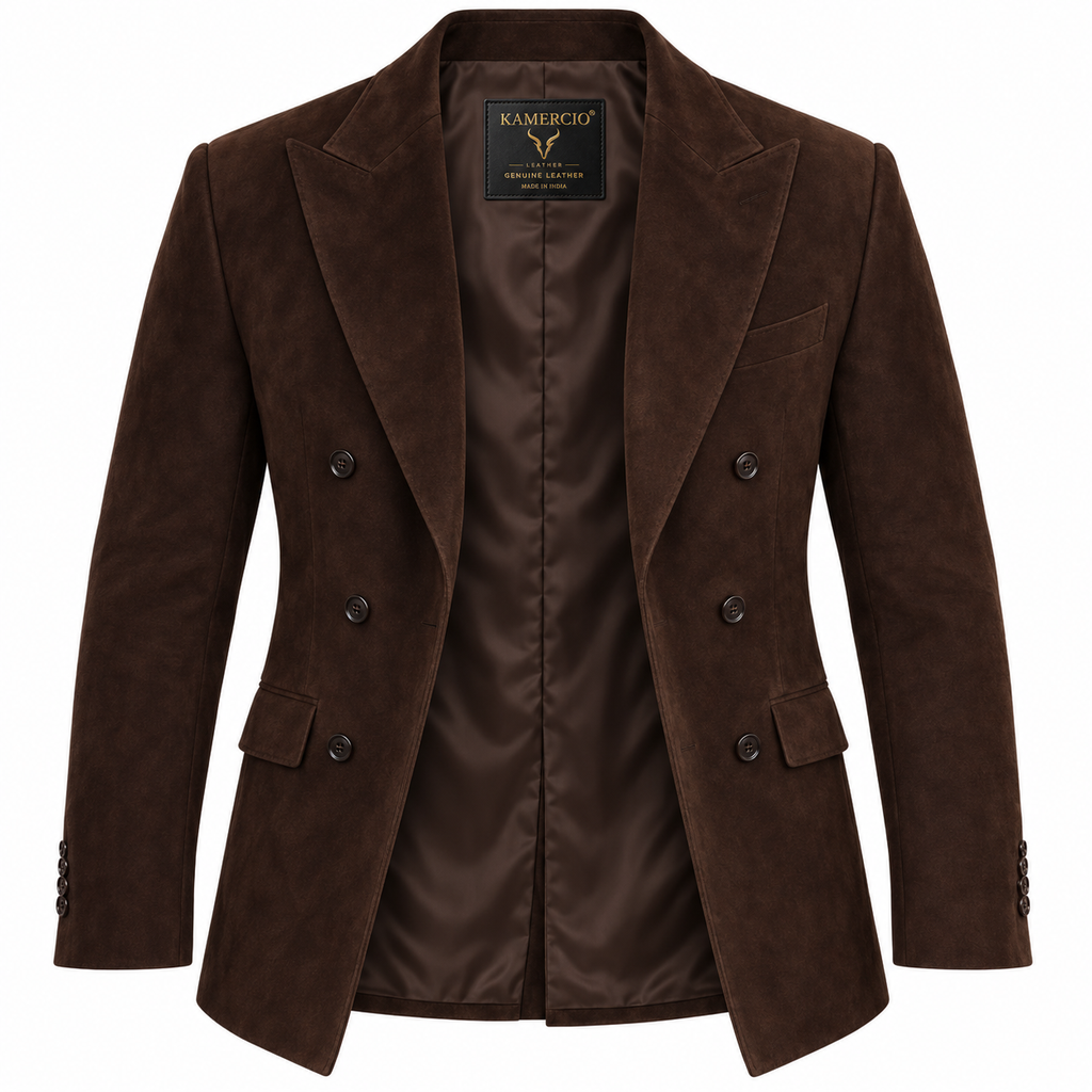 Men Premium Dark Brown Double-Breasted Suede Leather Blazer