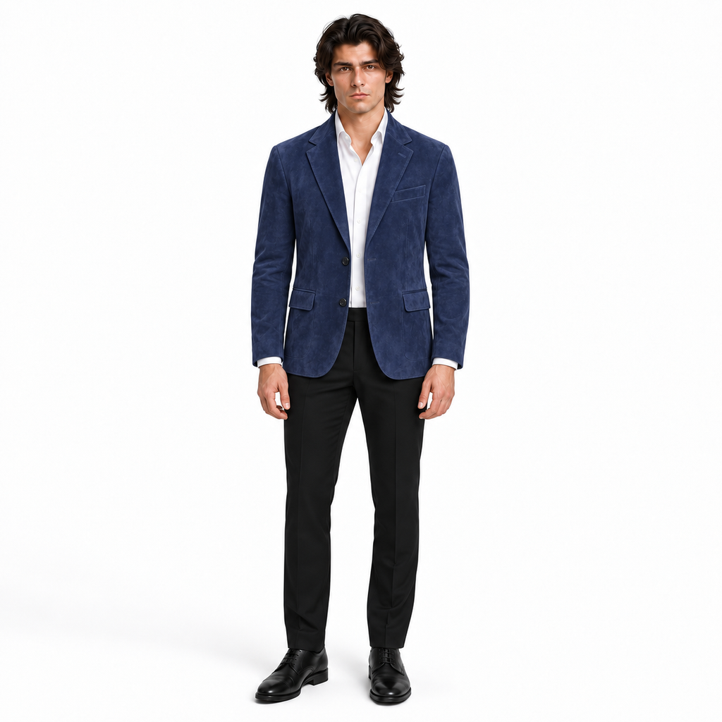 Men Premium Navy Blue Original Suede Leather Blazer