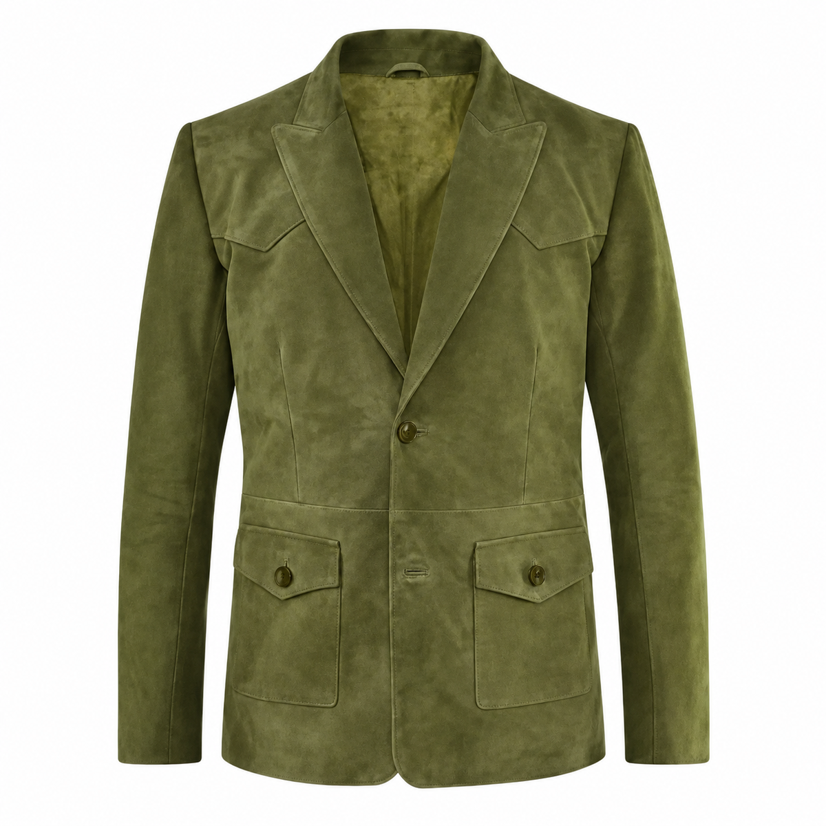 Olive green tailored blazer with notched lapels, one-button closure, chest flap pockets, and large patch pockets