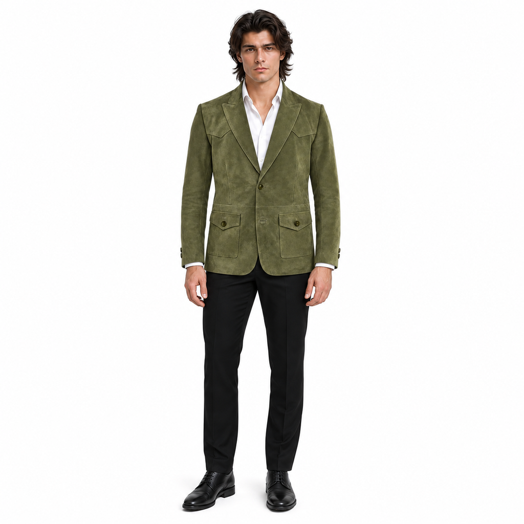 Men Premium Original Olive Green Suede Leather Blazer