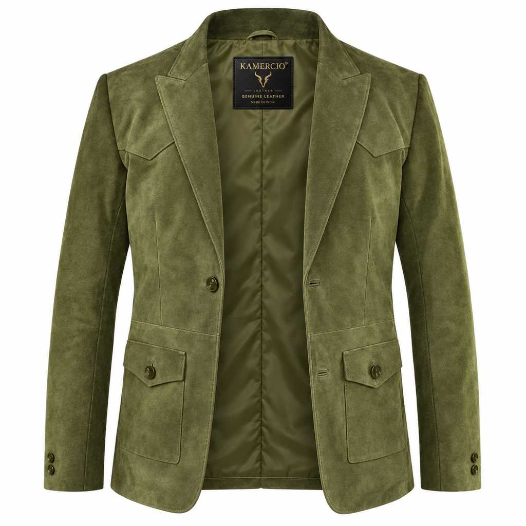 Men Premium Original Olive Green Suede Leather Blazer