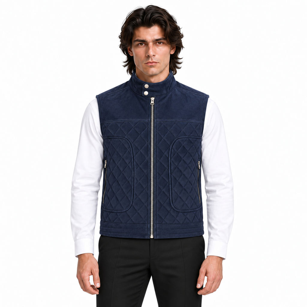 Men's Navy Blue Original Suede Leather Premium Vest Coat