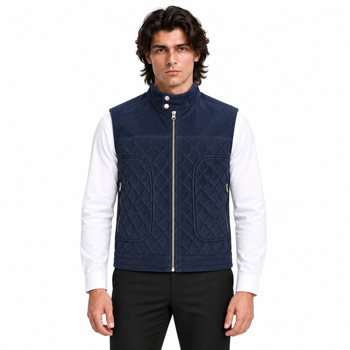 Men's Navy Blue Original Suede Leather Premium Vest Coat