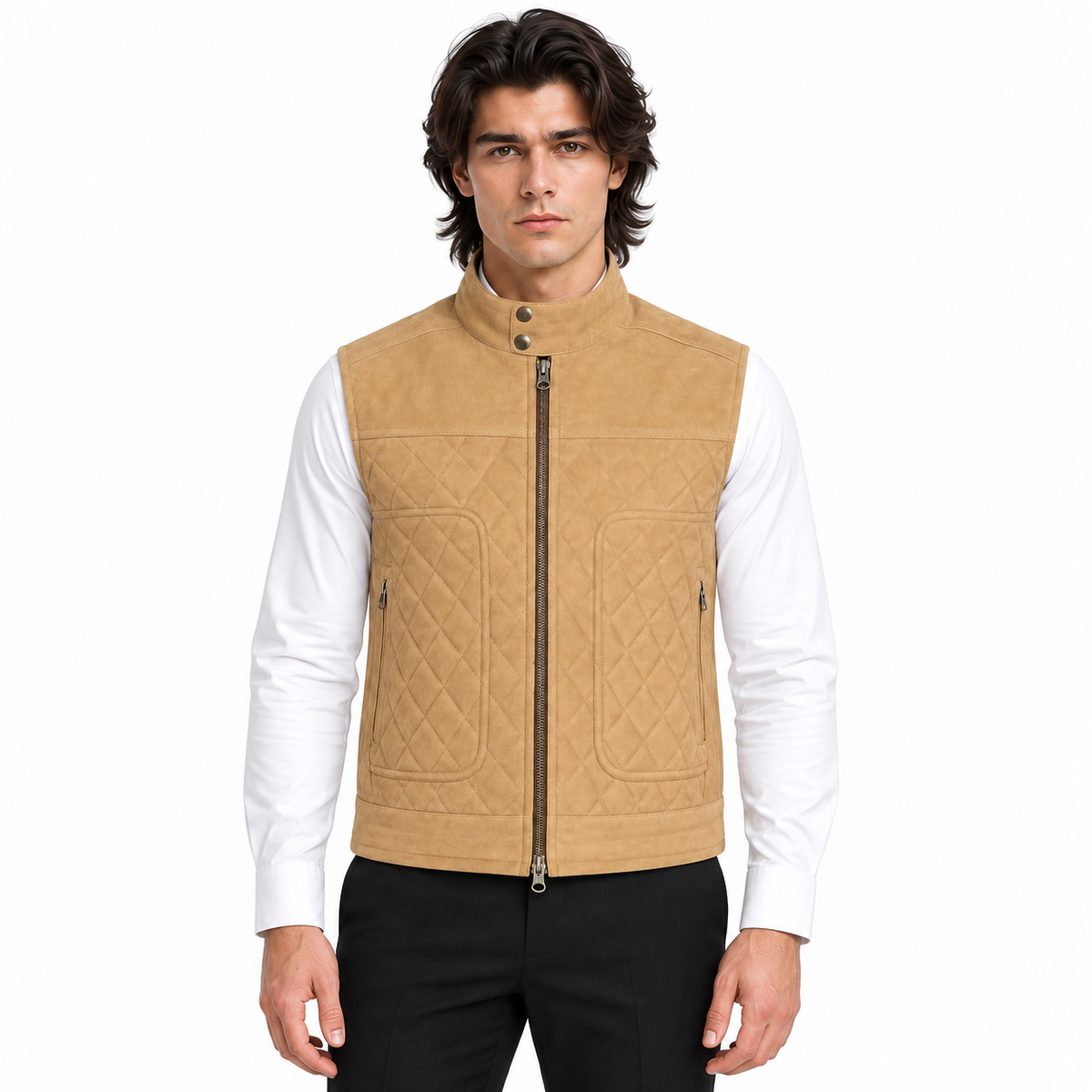 Men's Beige Premium Quilted Zip-Up Original Vest Coat