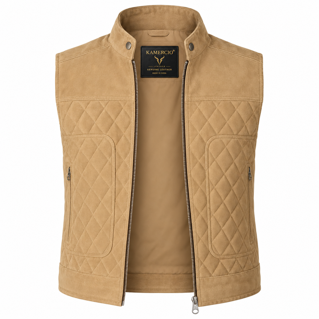 Men's Beige Premium Quilted Zip-Up Original Vest Coat