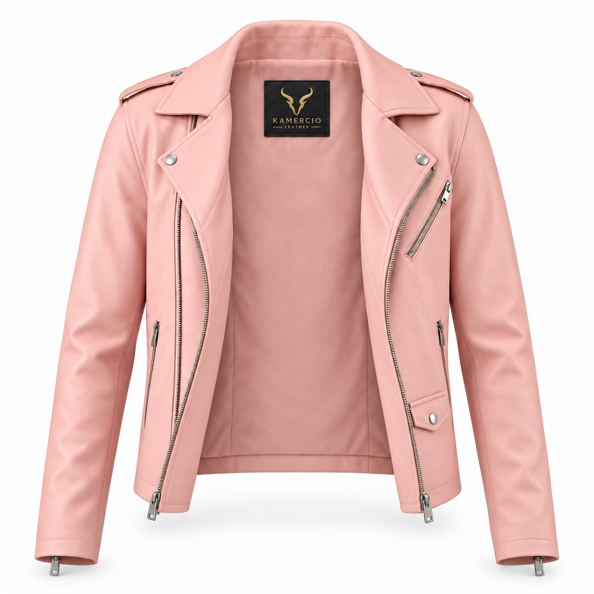Men's Blush Pink Original Premium Lambskin Leather Asymmetric Biker Jacket with Epaulettes