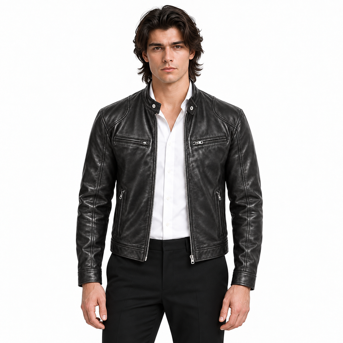 Men's Black Lambskin Café Racer Leather Jacket