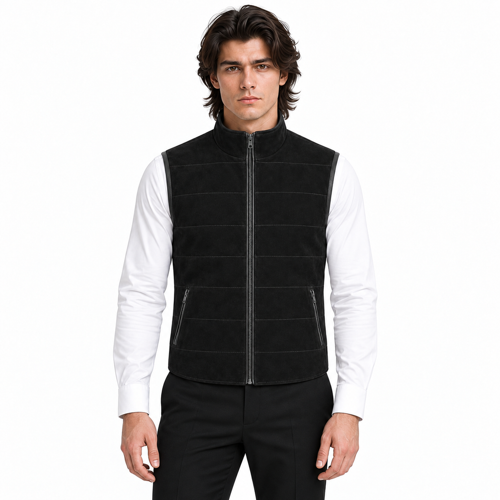 Men Black Premium Original Suede Leather Vest Coat