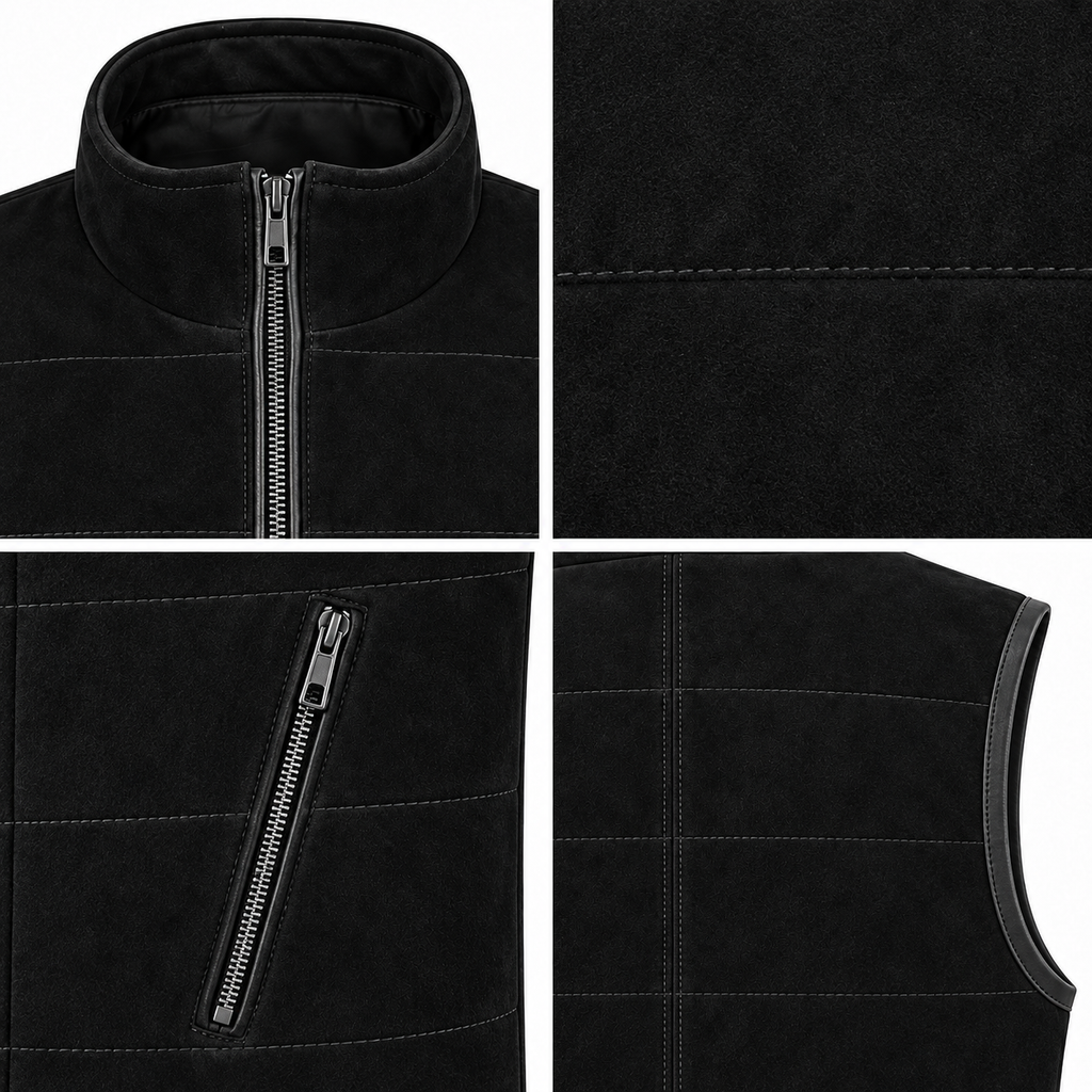 Men Black Premium Original Suede Leather Vest Coat