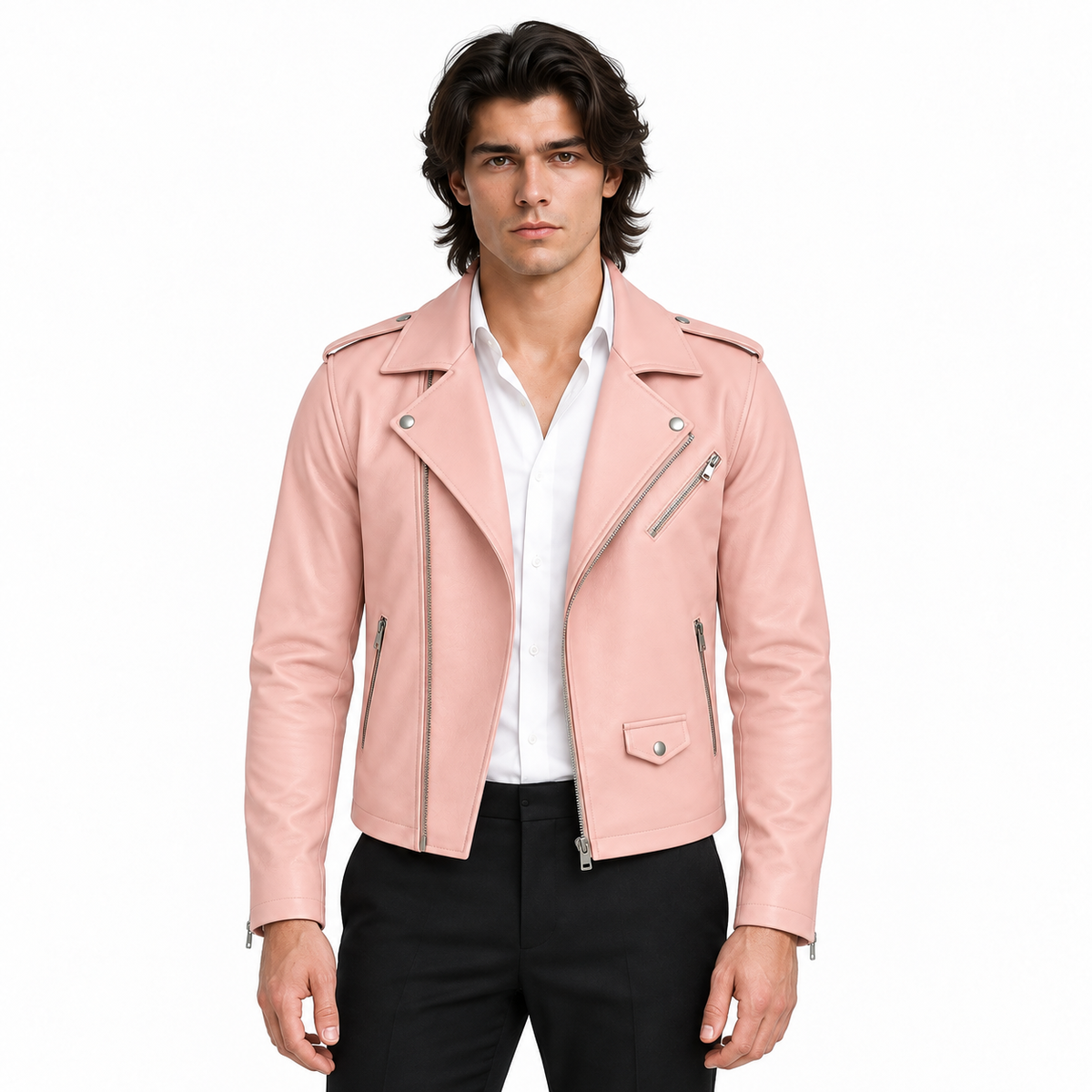Men's Blush Pink Original Premium Lambskin Leather Asymmetric Biker Jacket with Epaulettes