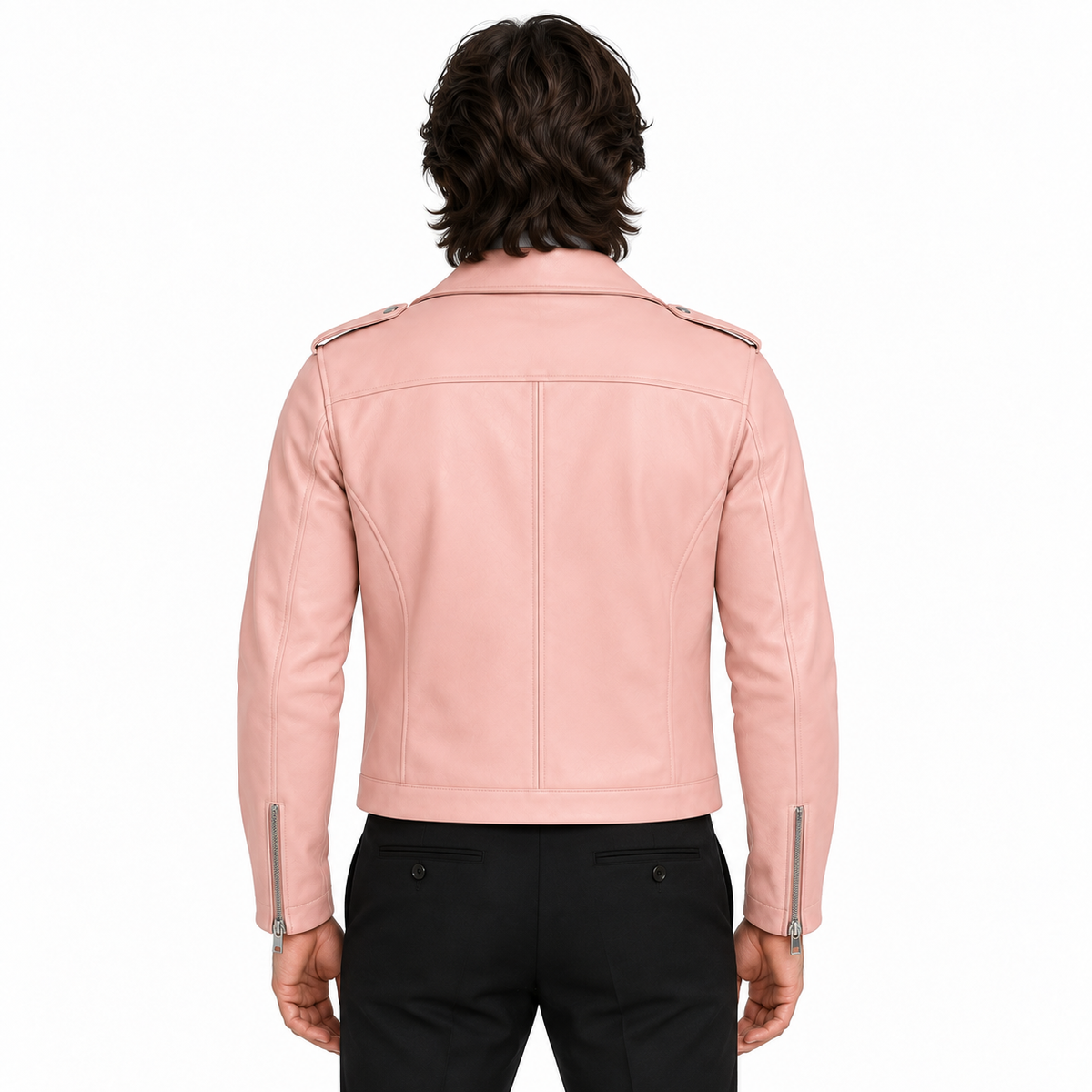 Men's Blush Pink Original Premium Lambskin Leather Asymmetric Biker Jacket with Epaulettes