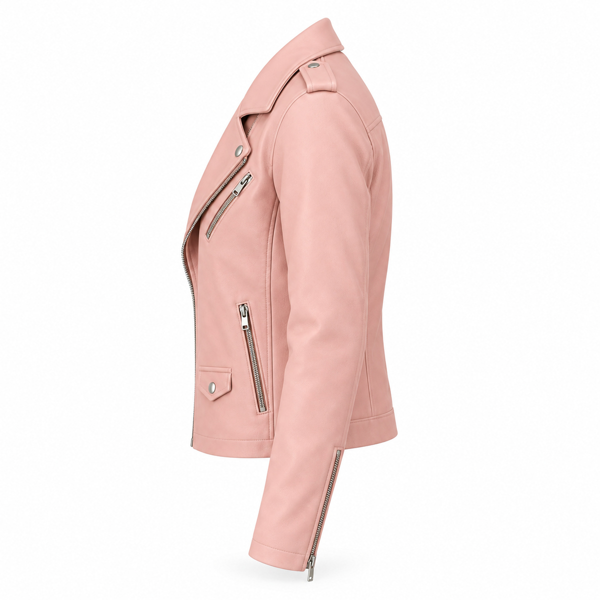 Men's Blush Pink Original Premium Lambskin Leather Asymmetric Biker Jacket with Epaulettes
